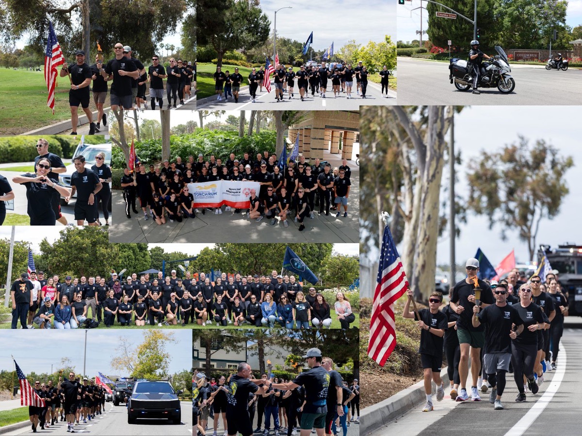 Photo collage from the 2026 Law Enforcement Torch Run with the Irvine Police Department carrying the Flame of Hope through Irvine